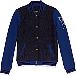 Victorias Secret PINK Varsity Jacket Sz M Navy Blue Black Lace Snap Up Front